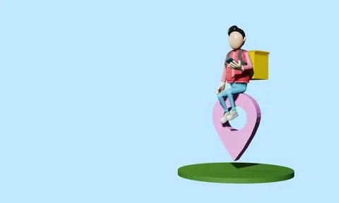 3d render. A courier with a bag on his shoulders sits astride a location poin Illustrazione stock