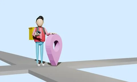 3d render. Courier with a bag on his shoulders looks at the phone and holds a Illustrazione stock
