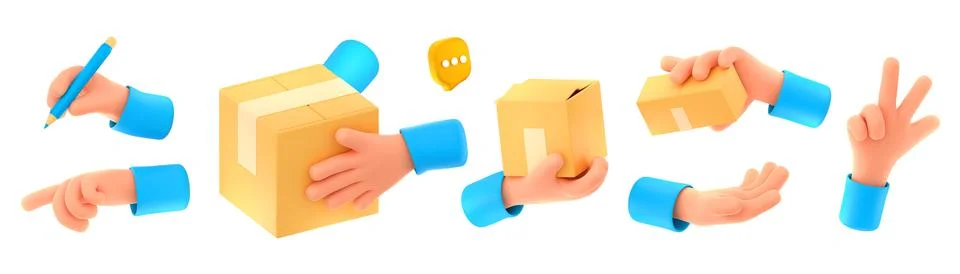 3d render, courier hands with boxes, shipping Illustrazione stock