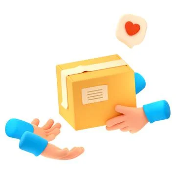 3d render courier hands give carton box to client Illustrazione stock