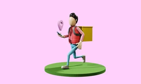 3d render. The courier is in a hurry to deliver the order to the client Illustrazione stock