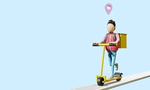 3d render. The courier rides on a scooter on the road. Above it is a location Illustrazione stock