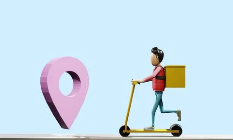 3d render. The courier rides on a scooter on the road. Above it is a location Stock Illustration