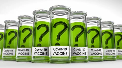 3d render of covid-19 vaccine vials with question marks over white background Stock Illustration