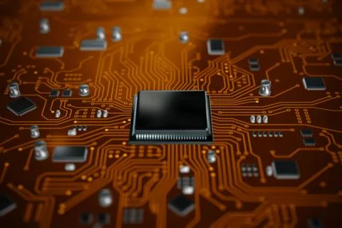 3D render CPU central processor unit chipset on the printed circuit board for Illustrazione stock