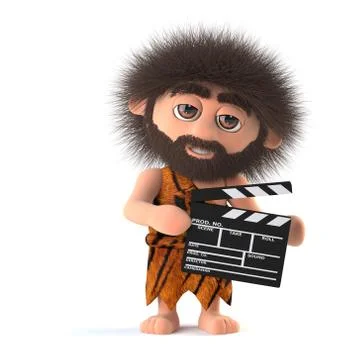 3d render of a crazy hairy caveman holding a movie makers clapperboard. Stock Illustration