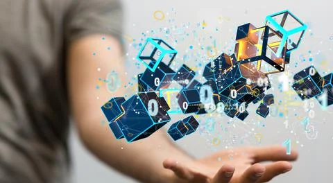 3D render of creative polygonal wireframe art- AI, cloud, technology concept Stock Photos