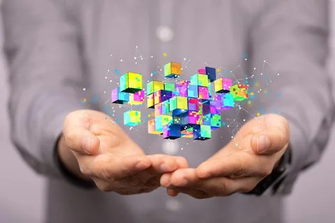 3D render of creative polygonal wireframe art- AI, cloud, technology concept Stock Photos