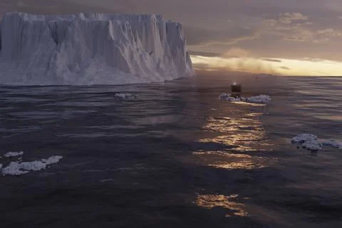 3d render of creepy figure approaching on a row boat through icy waters at du Stock Illustration