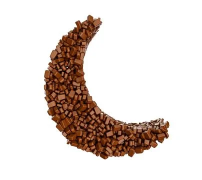 3D render of a Crescent Moon shaped by chocolate chunks on a white background Fotos Stock