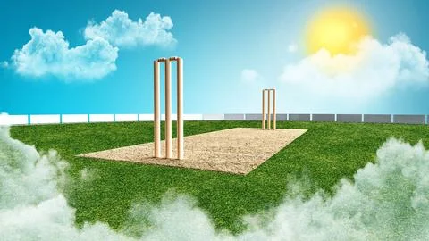 3D render of a cricket field under a blue sunny sky Stock Illustration