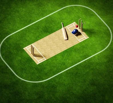 3D Render Of Cricket Stadium with Playground, bat ball and stamps with helmet Illustrazione stock