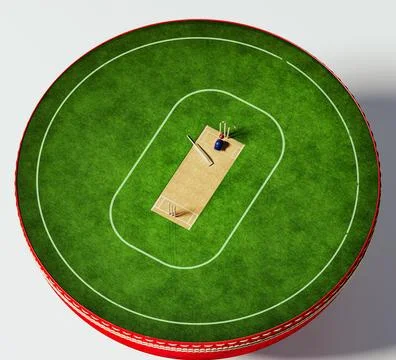 3D Render Of Cricket Stadium with Playground, bat ball and stamps with helmet. Illustrazione stock