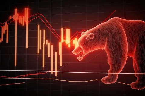3d render crypto bear market, red neon bear shape on a dark background with Stock Illustration