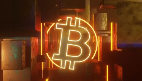 3d render of cryptocurrency Bitcoin with technology network neon laser ligh.. 스톡 일러스트