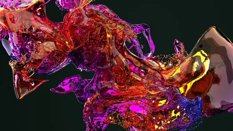 3D render, Crystal iridescent color liquids Splash, Abstract fluid background Illustrazione stock