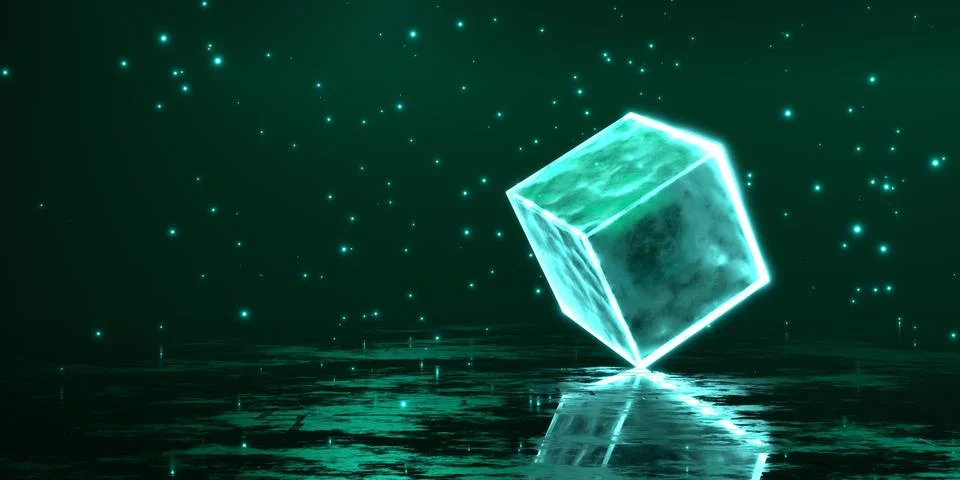 3d render cube with blue glowing on dark blue background. Technology backgr.. Foto stock