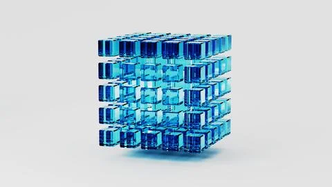 3D render of cube created with glass cubes. Techno futuristic symbol Stock Illustration