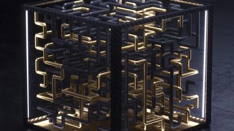 3d render cube with gold and black maze animation inside Stock Illustration