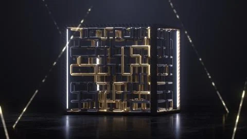 3d render cube with gold and black maze animation inside Stock Illustration