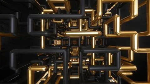 3d render cube with gold and black maze animation inside Stock Illustration