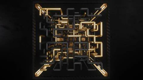 3d render cube with gold and black maze animation inside Stock Illustration
