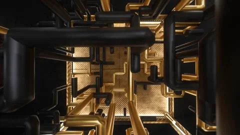 3d render cube with gold and black maze animation inside Stock Illustration