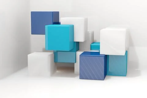 3D render cubes are creating depth in minimal studio corner, showing glossy a Stock Illustration