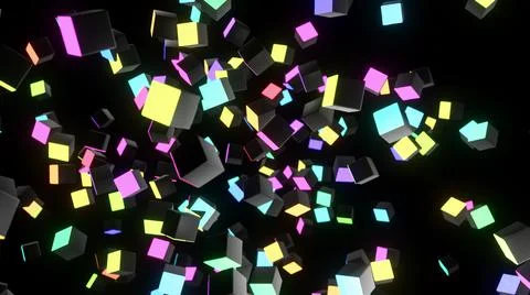 3d render. Cubes with multicolored neon lights. Abstract dark bg light on cubes. Stock Illustration