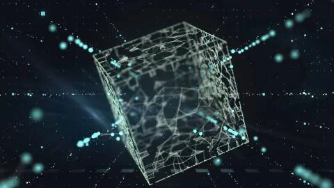 3d render cubic tunnel with large translucent cube floating inside. 스톡 일러스트