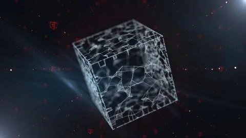 3d render cubic tunnel with large translucent cube floating inside. Illustrazione stock