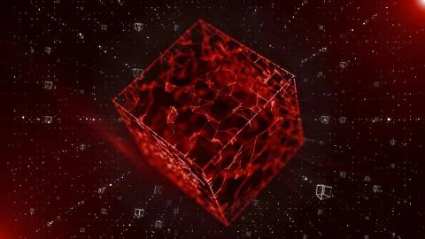 3d render cubic tunnel with large red translucent cube floating inside. Illustrazione stock
