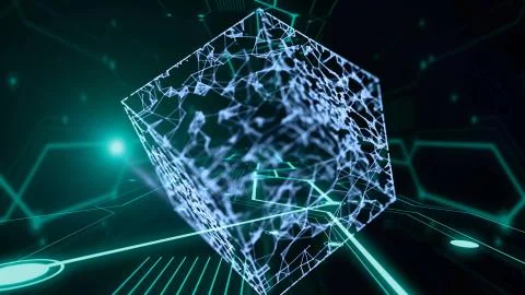 3d render cubic tunnel with large blue translucent cube floating inside. Stock Illustration