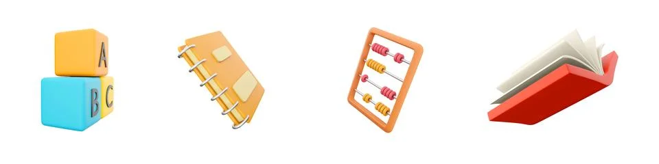 3d render cubics, notebook, calculate, book icon set on white background. 3d Stock Illustration