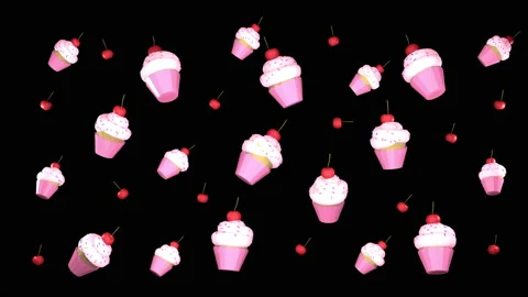 3d render cupcakes and cherries on black background animation Stock Footage 169043654