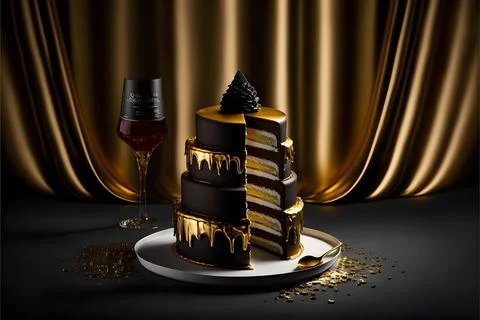 3D render of a cut elegant luxurious black golden cake design Stock Photos
