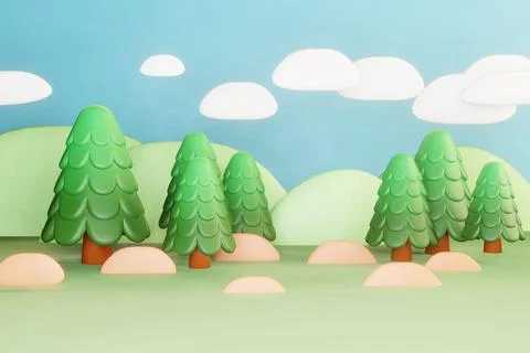 3D render of a cute cartoon forest with green trees under a blue sky Illustrazione stock