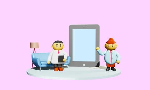 3d render. Cute cartoon style doctor and nurse showing big screen tablet 스톡 일러스트