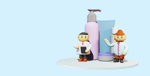 3d render. Cute doctor and nurse in cartoon style pointing at jars of cosmeti イラスト素材