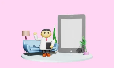 3d render. Cute doctor in cartoon style showing big screen tablet 스톡 일러스트