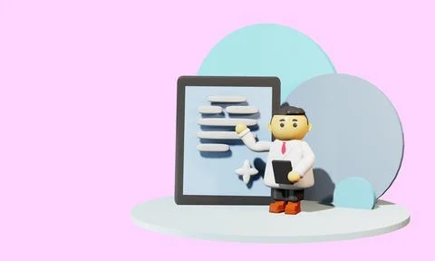 3d render. Cute doctor in cartoon style, holding a tablet and pointing at the 스톡 일러스트