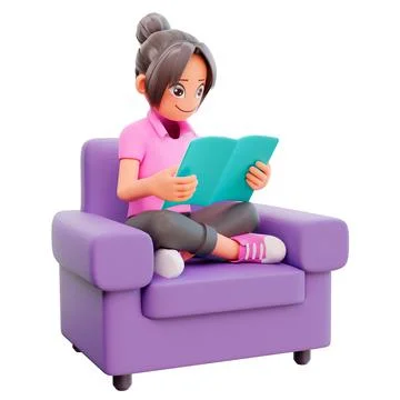 3d render cute girl sit crossed legs studying on a white background Stock Illustration