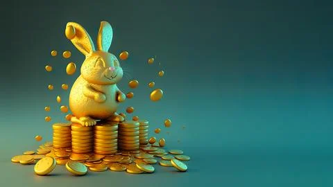 3D Render Of Cute Golden Rabbit or Bunny Character Standing On Gold Coins S.. Stock Illustration