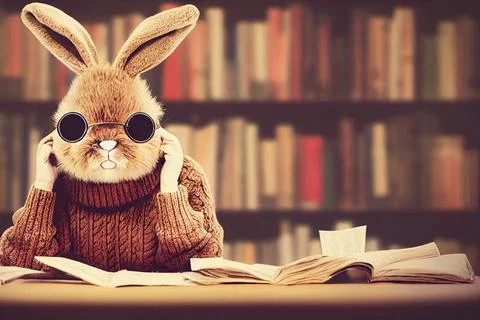 3D render of a cute rabbit in a sweater with glasses reading in the library 스톡 일러스트
