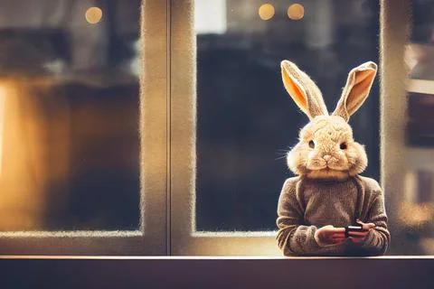 3D render of a cute rabbit in a sweater in front of a window and using a smartph Illustrazione stock
