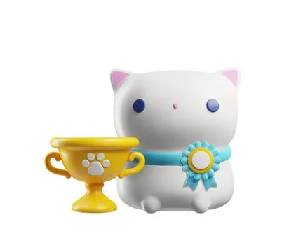 3D render cute white cat champion with golden pet trophy winner cup and medal 스톡 일러스트