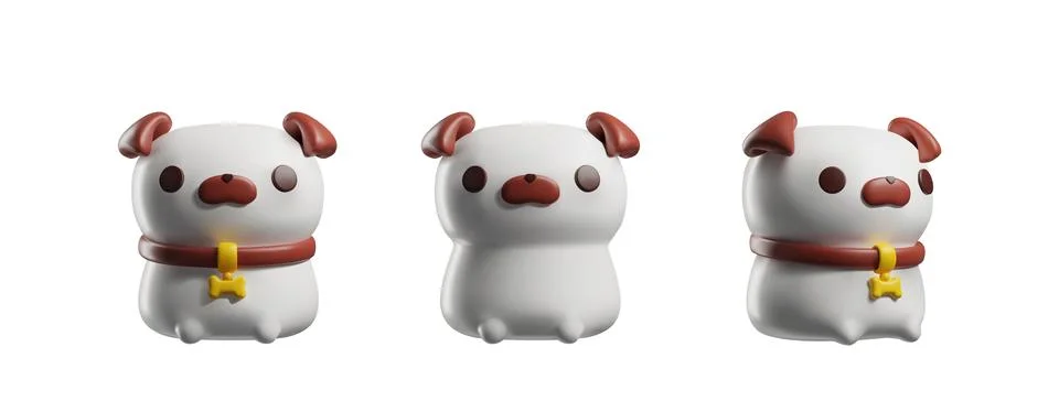 3d render cute white dogs vector set, purebred puppy with bone pendant, cartoon Stock Illustration