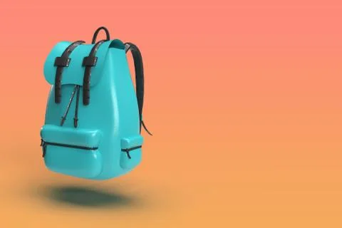 3d render of a cyan leather bagpack floating in air in an orange gradient 스톡 일러스트