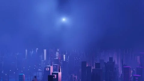 3d render of Cyber night city landscape concept. Light glowing on dark scen.. Stock Illustration