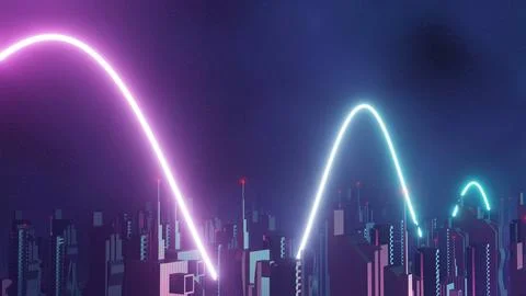 3d render of Cyber night city landscape concept. Light glowing on dark scen.. Stock Illustration